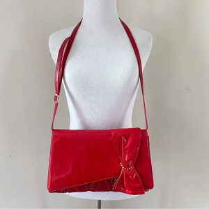 Vintage Bruno Magli Red Leather Pleated Gold Bow Flap Top Shoulder Bag